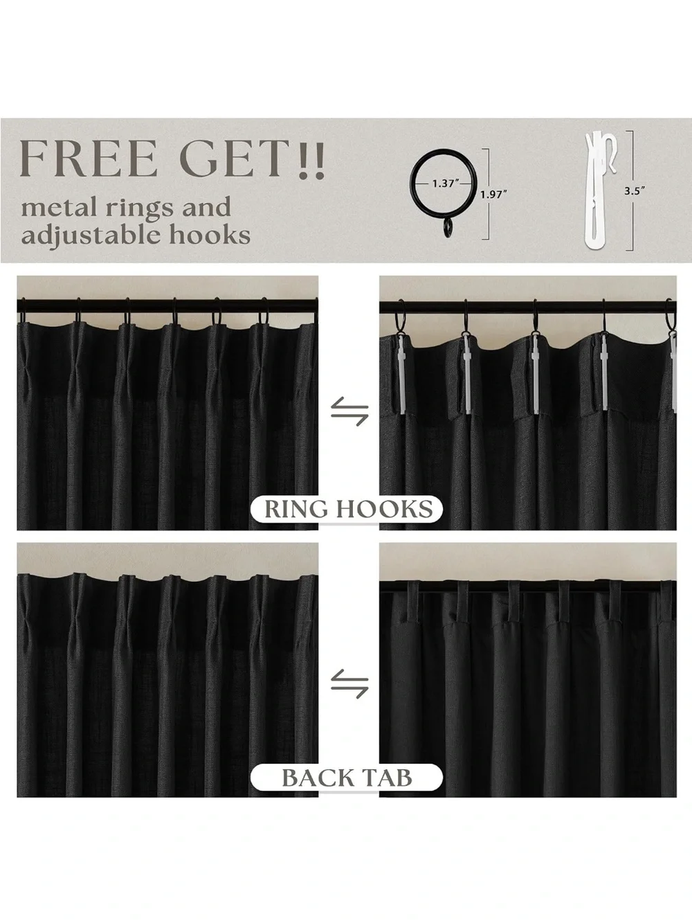 Seeluck Black Pleated Room-Darkening Curtain Panels - Home Accents 86 in long